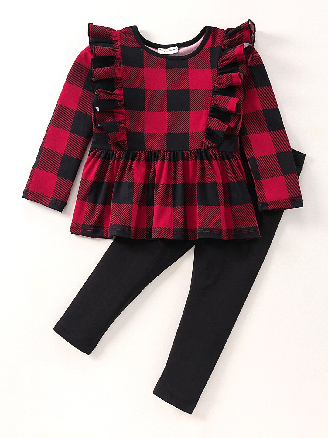 

CrayonFlakes Girls Red & Black Checked Front Frill Top with Solid Leggings Set