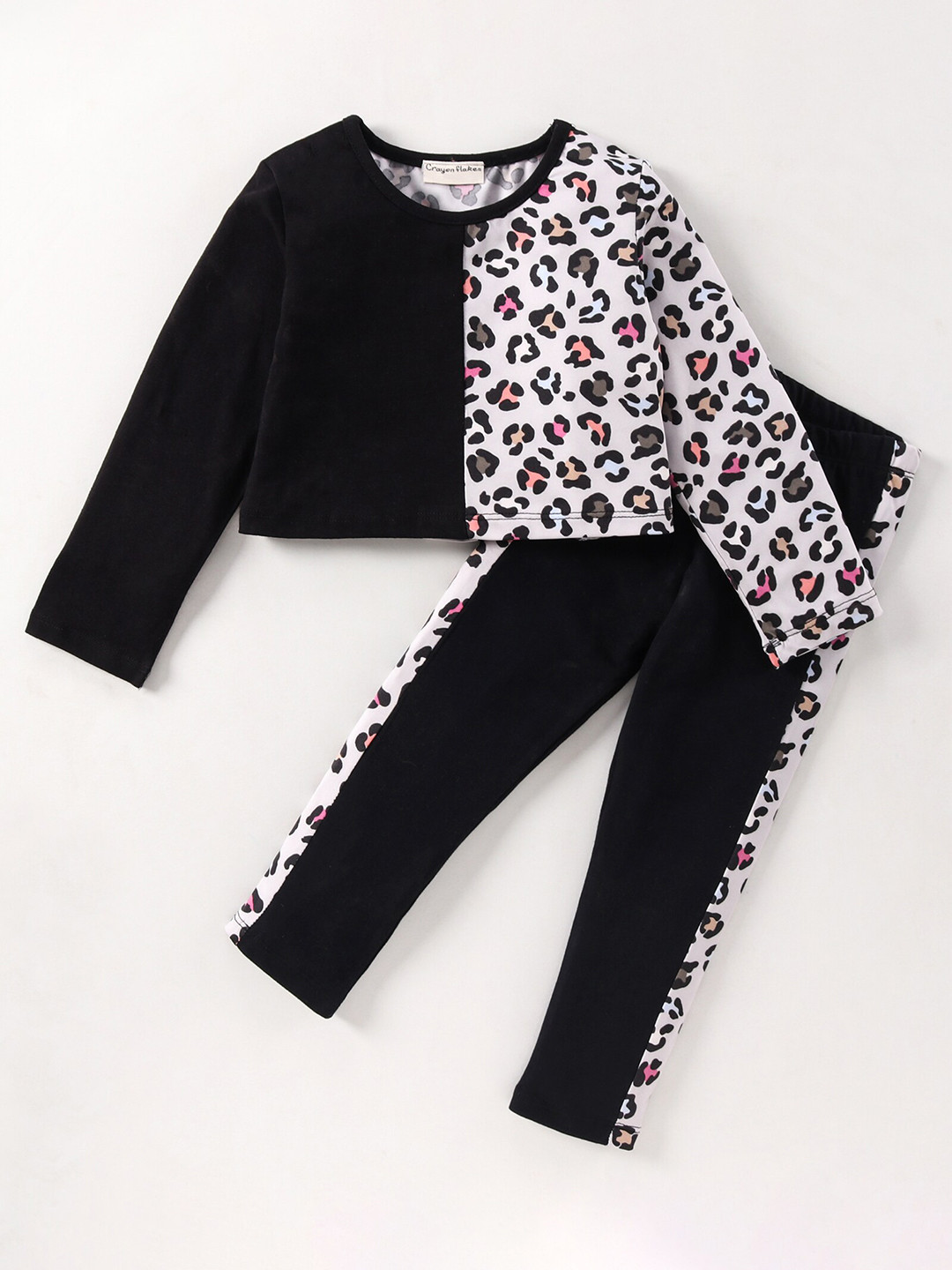 

CrayonFlakes Girls Black & White Colourblocked Top with Printed Leggings Set