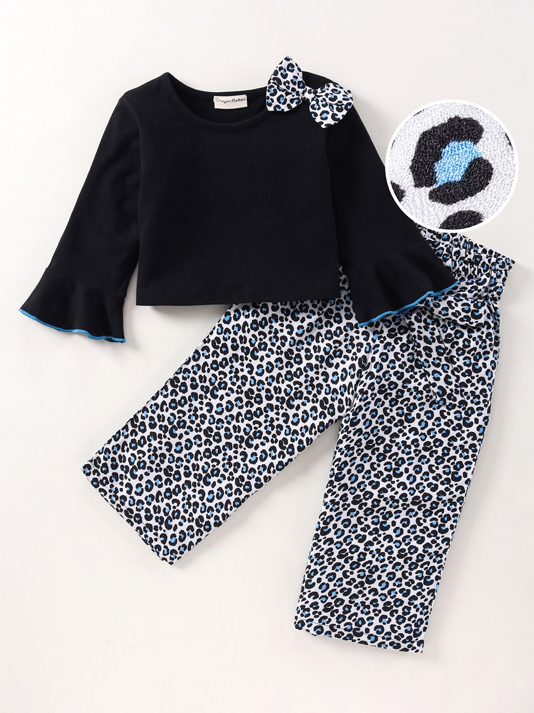

CrayonFlakes Girls Black & White Solid Frill Top with Printed Palazzos Set