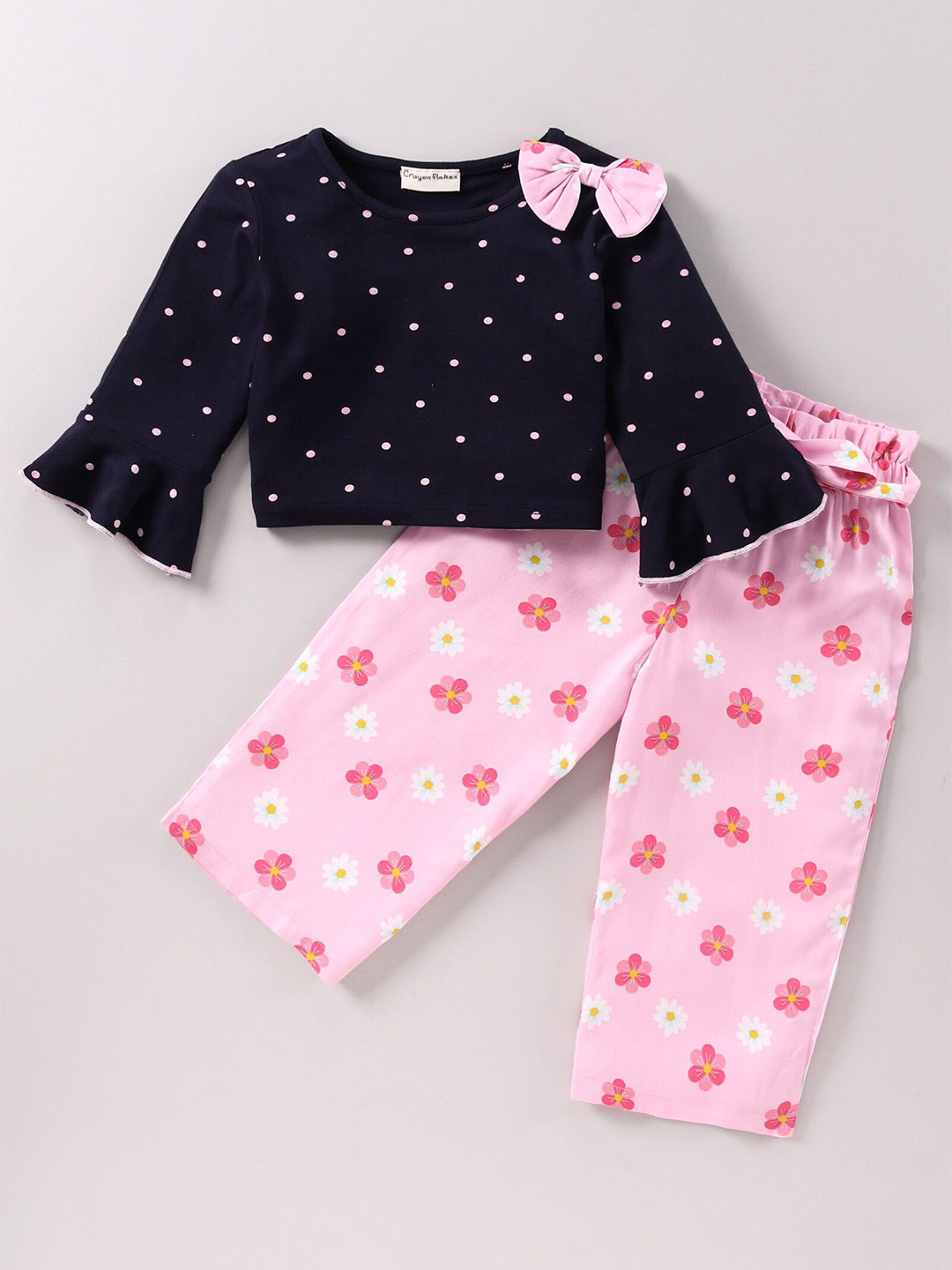 

CrayonFlakes Girls Navy Blue & Pink Printed Frill Top with Palazzos Set