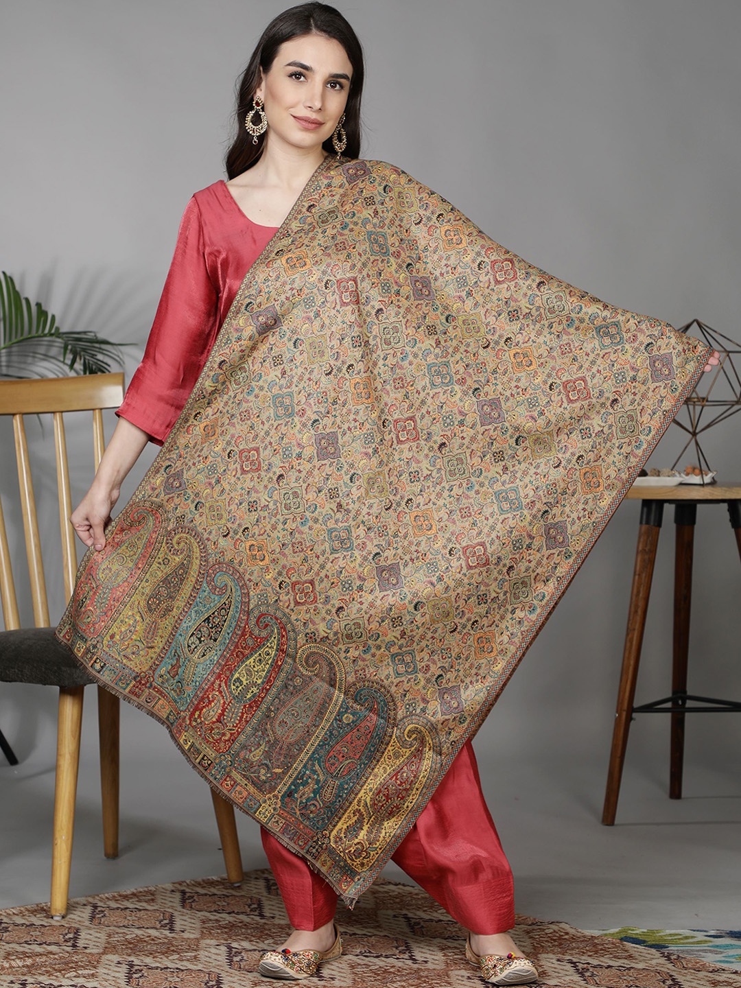 

Moda Chales Women Beige Woven Design Woolen Shawl