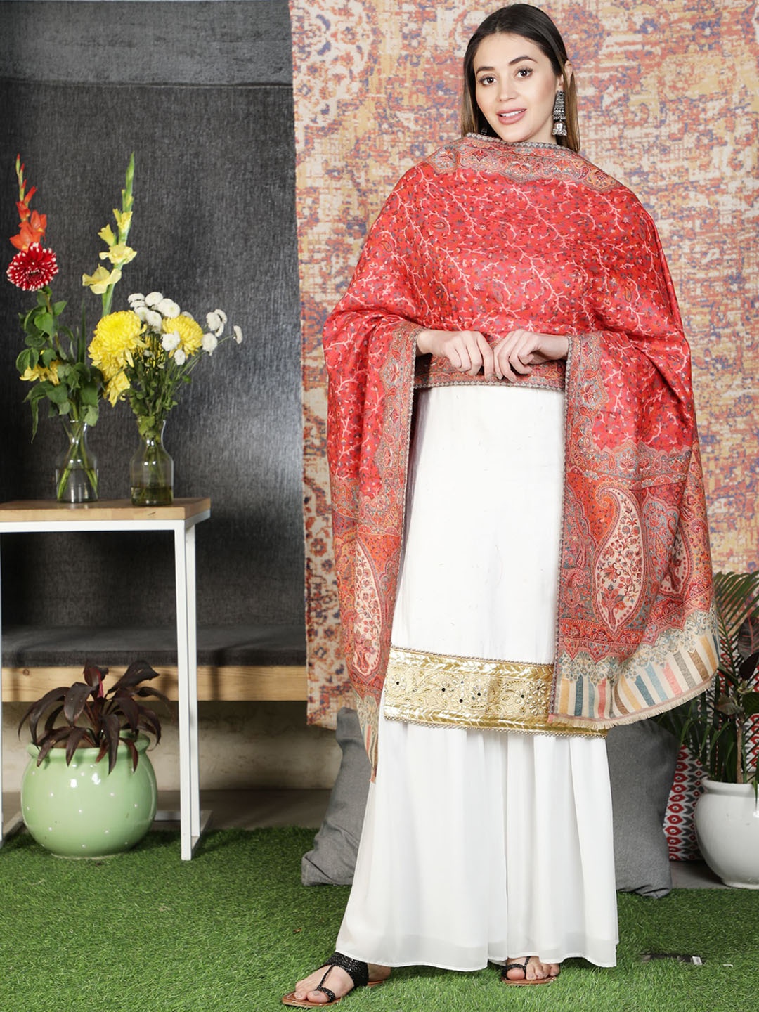 

Moda Chales Women Red Kani Weave Shawl