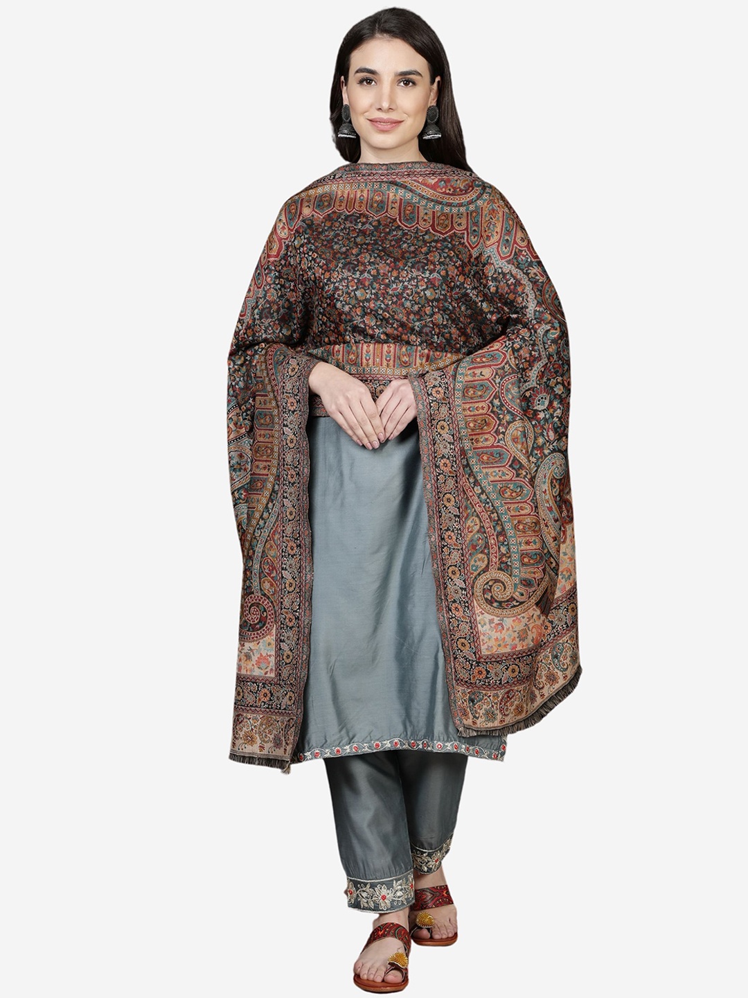 

Moda Chales Women Black & Brown Kani Weave Woolen Shawl