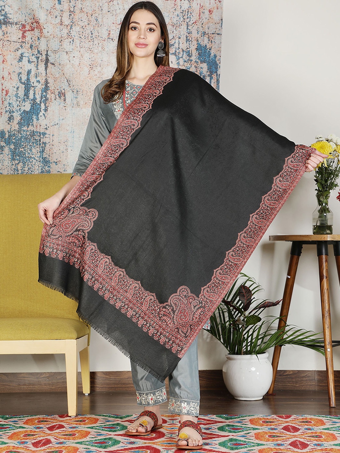 

Moda Chales Women Black & Rust Red Kani Weave Woolen Shawl