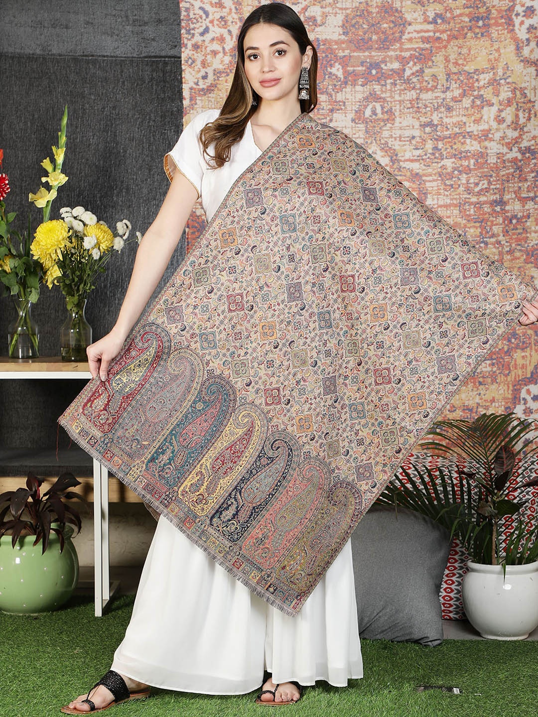 

Moda Chales Women Beige Ethnic Motifs Kani Weave Woolen Shawl