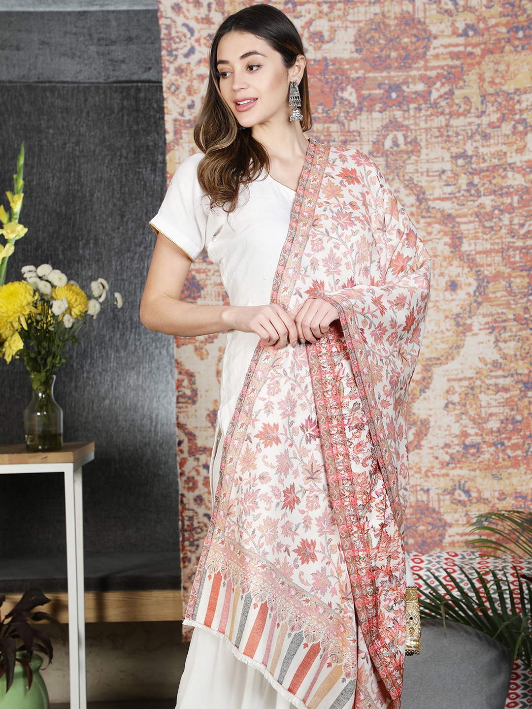 

Moda Chales Women White & Pink Floral Kani Weave Woolen Shawl