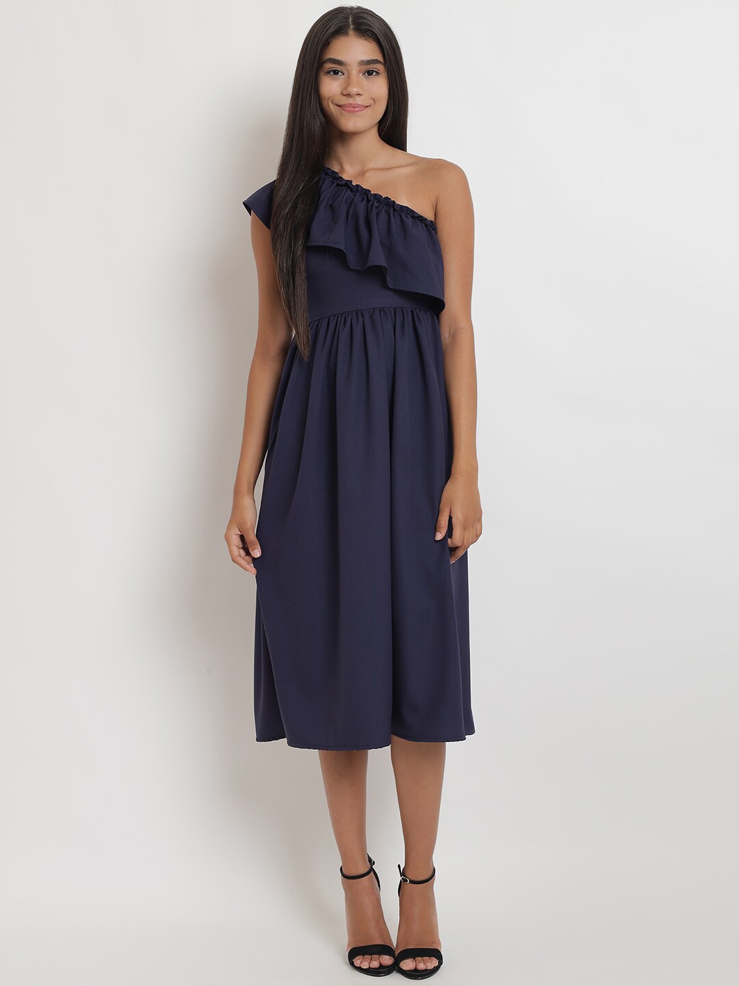 

Anaghakart Women Navy Blue One-Shoulder Midi Dress