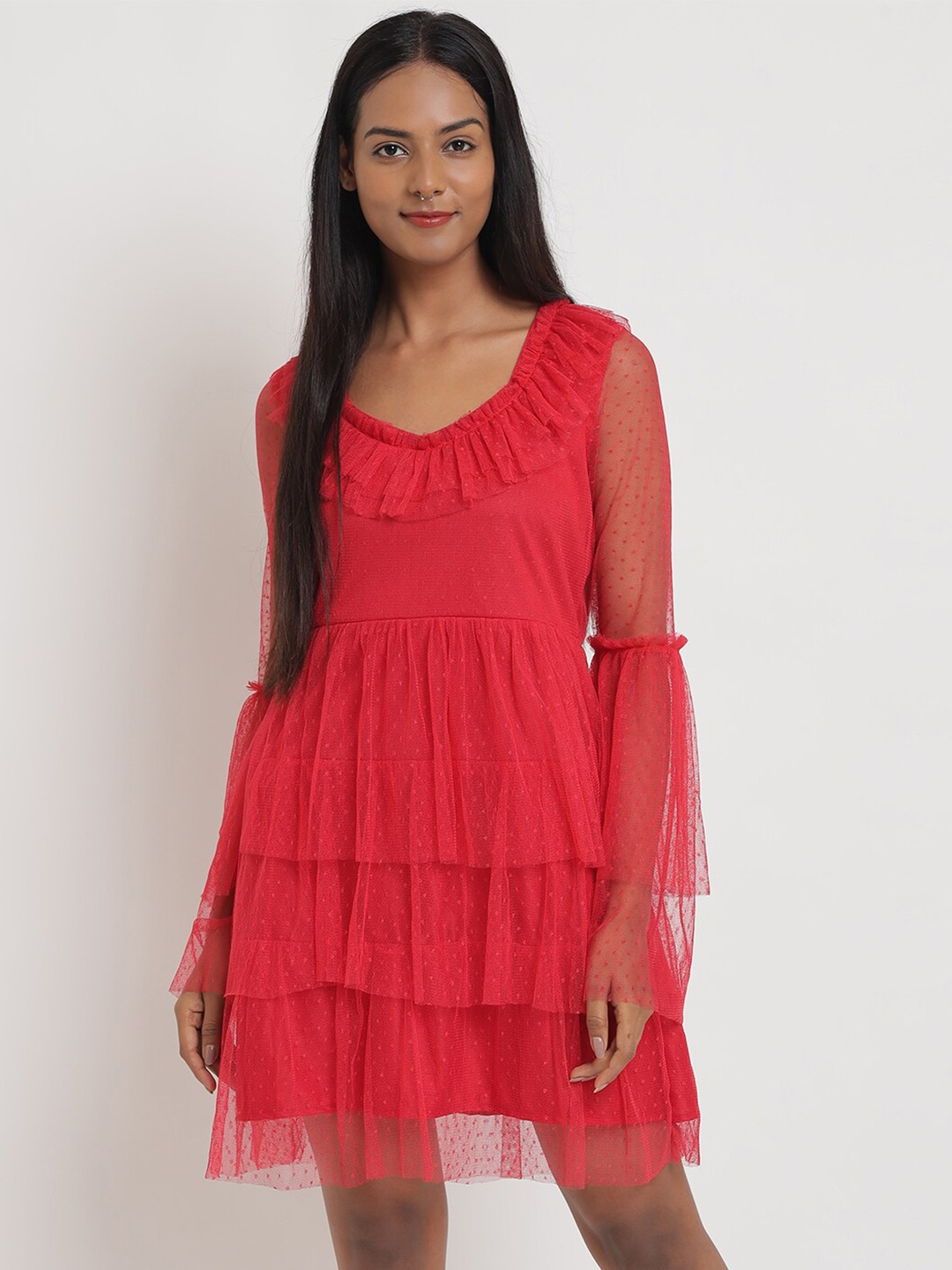 

Anaghakart Women Red Solid Net Frill Dress