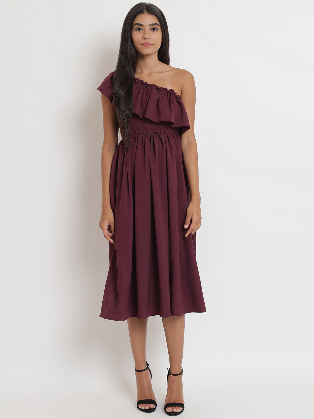 

Anaghakart Women Maroon One-Shoulder Midi Dress