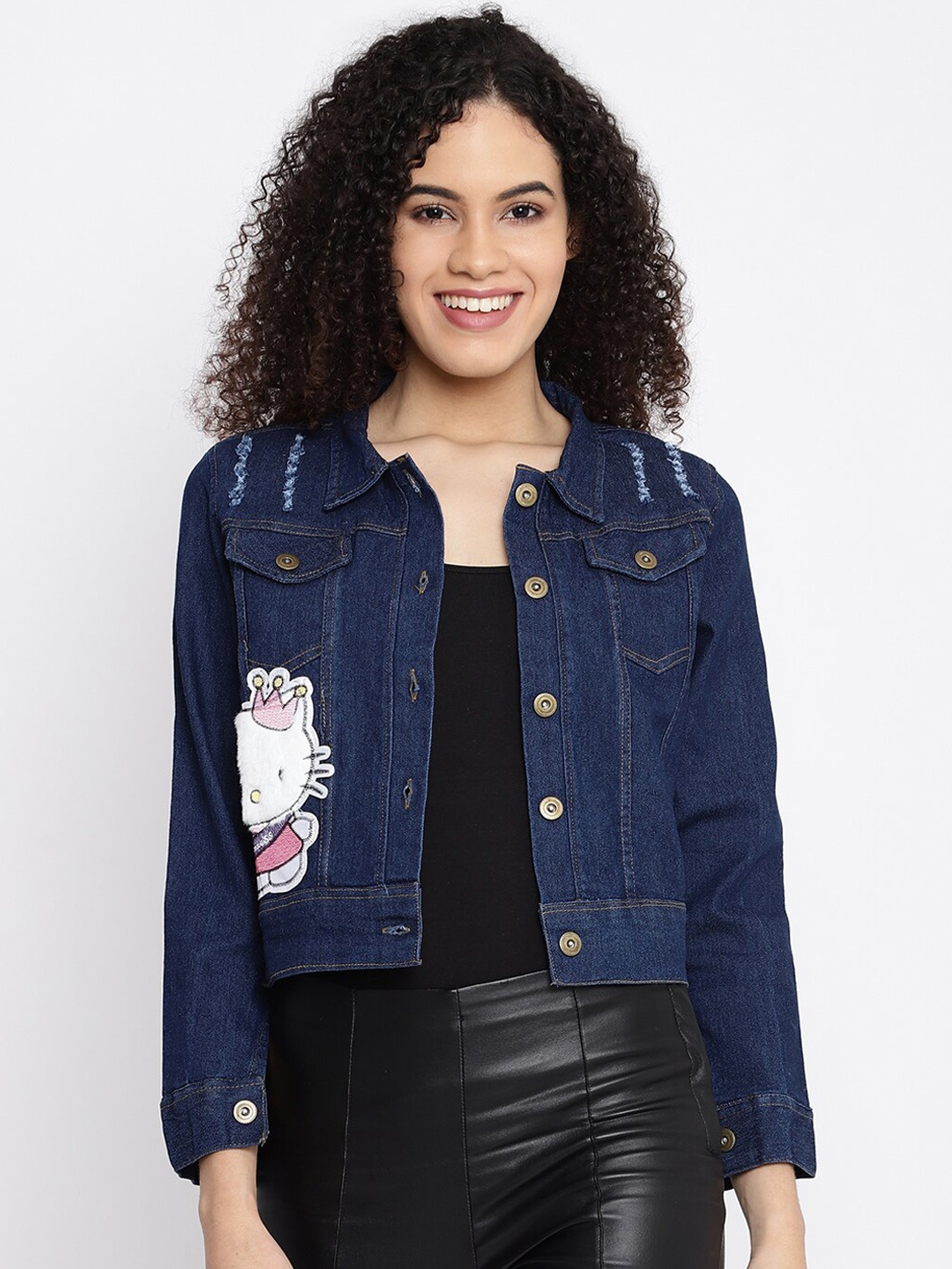 

Anaghakart Women Blue Washed Crop Denim Jacket with Patchwork