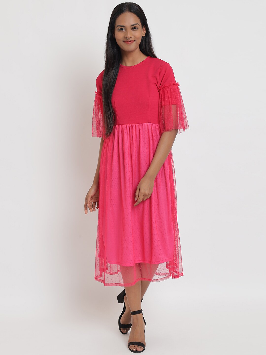 

Anaghakart Women Pink Self Design Midi Dress