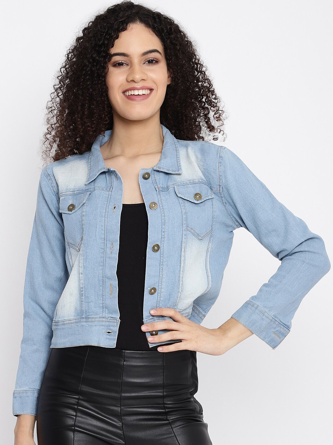 

Anaghakart Women Blue Washed Crop Denim Jacket