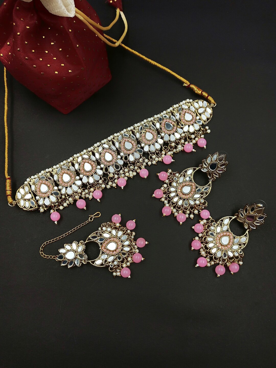 

StileAdda Gold-Plated Pink Stone-Studded Jewellery Set