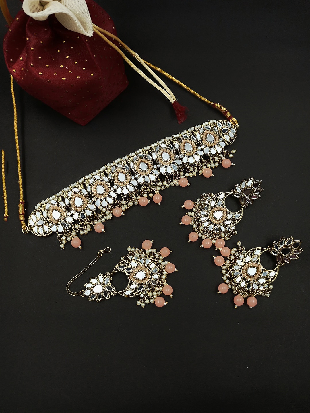 

StileAdda Gold-Plated & Toned Peach Stone Studded Jewellery Set