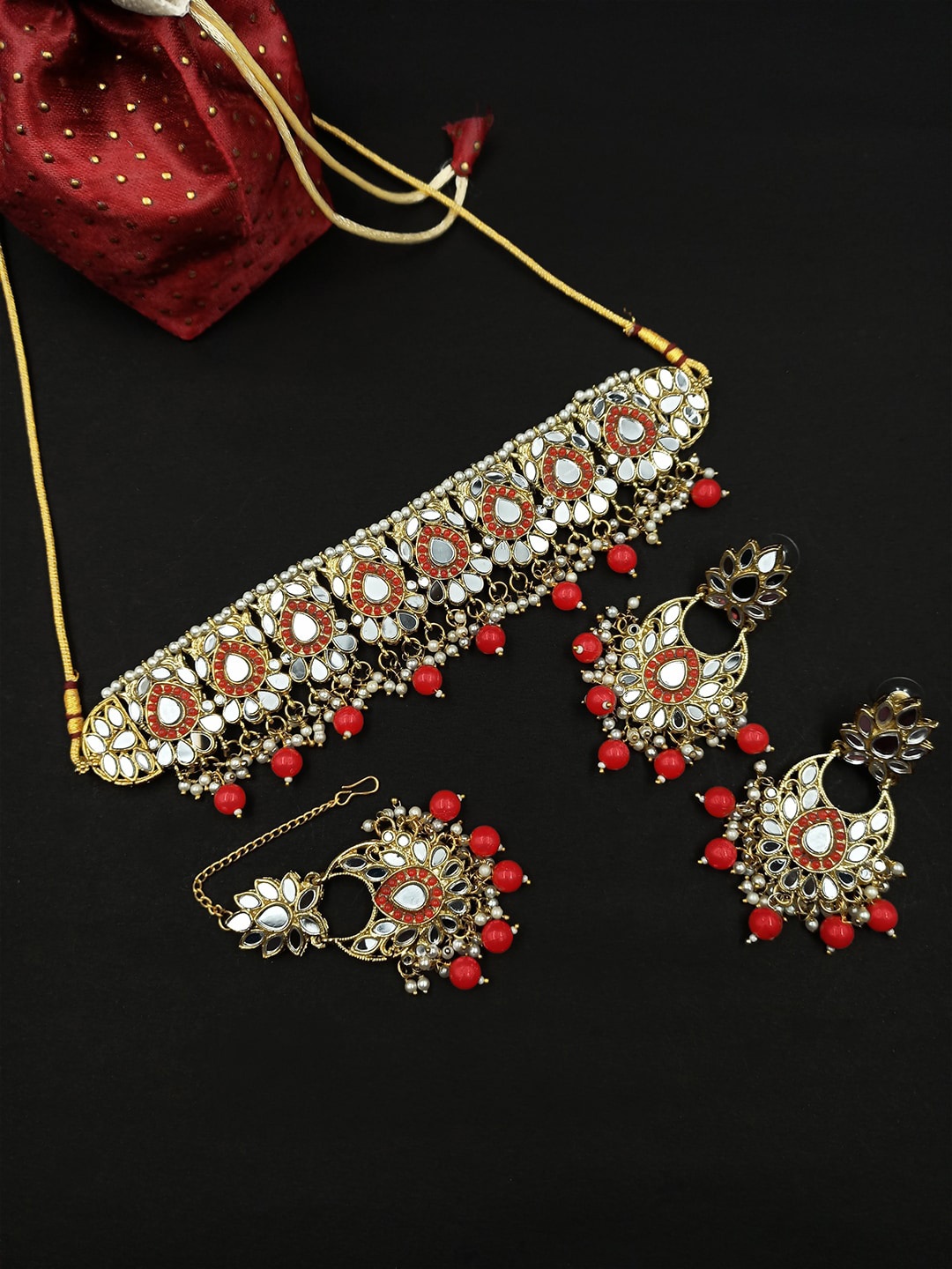 

StileAdda Gold-Plated Red Stone-Studded Jewellery Set