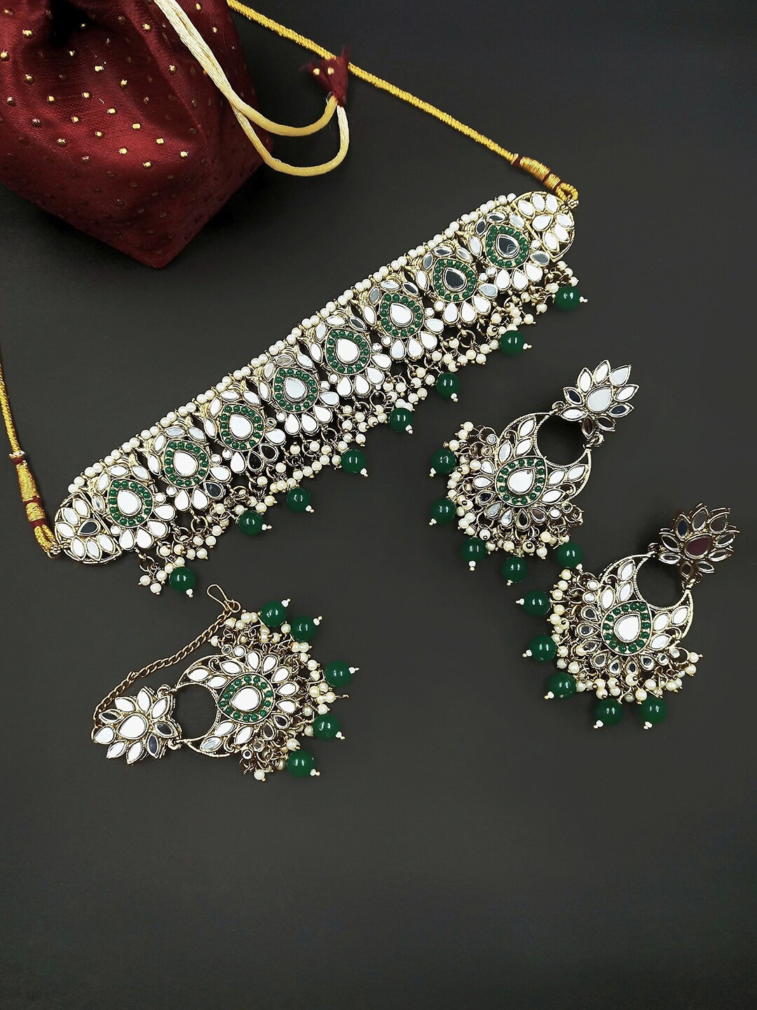 

StileAdda Gold-Plated Green & White Stone Studded & Beaded Mirror Jewellery Set