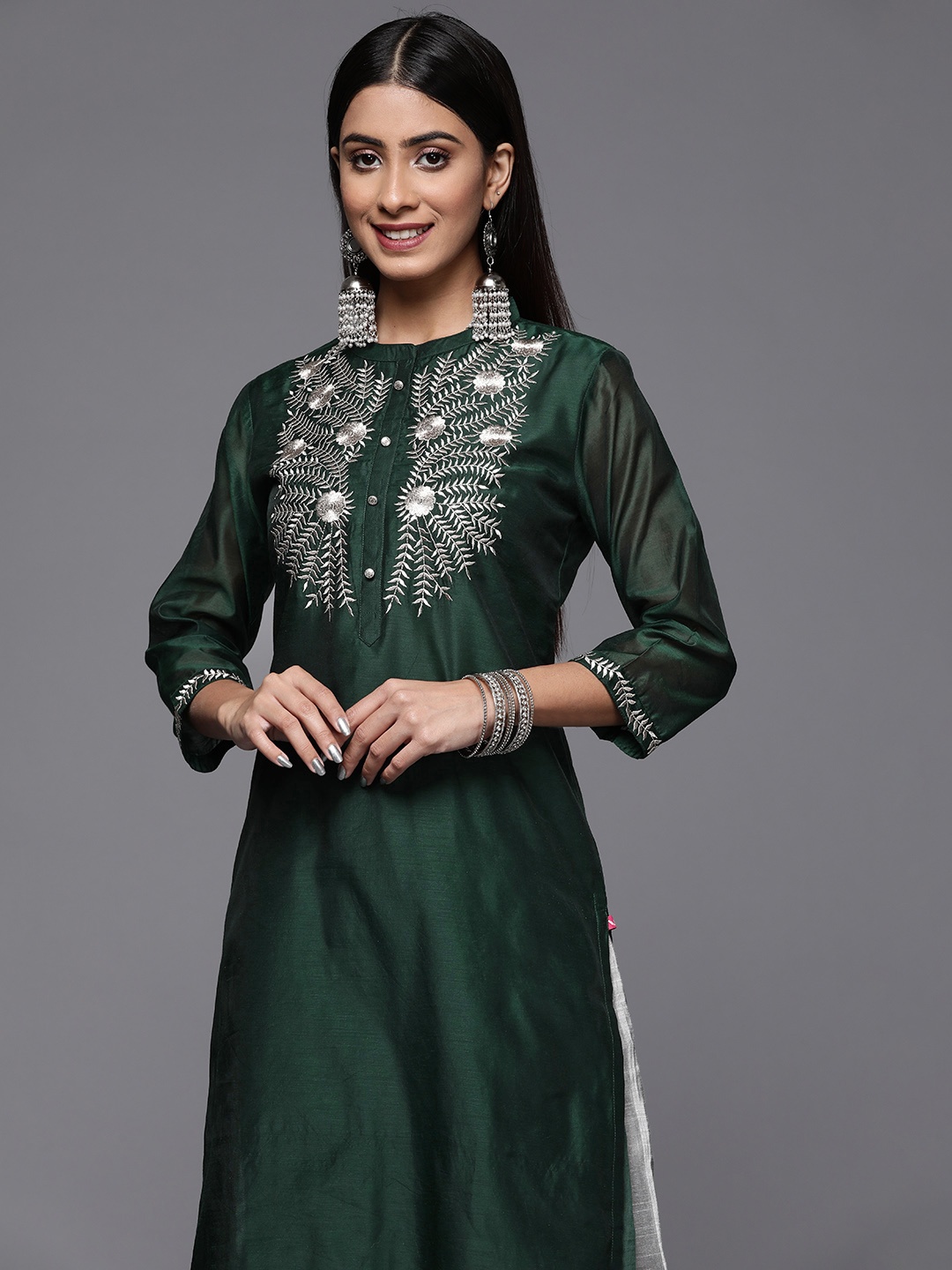 

Varanga Women Floral Yoke Design Chanderi Silk Straight Kurta with Trousers, Green