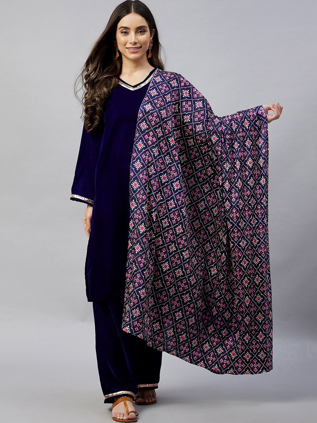 

InWeave Women Navy Blue Gotta Patti Velvet Kurta with Palazzos & With Dupatta