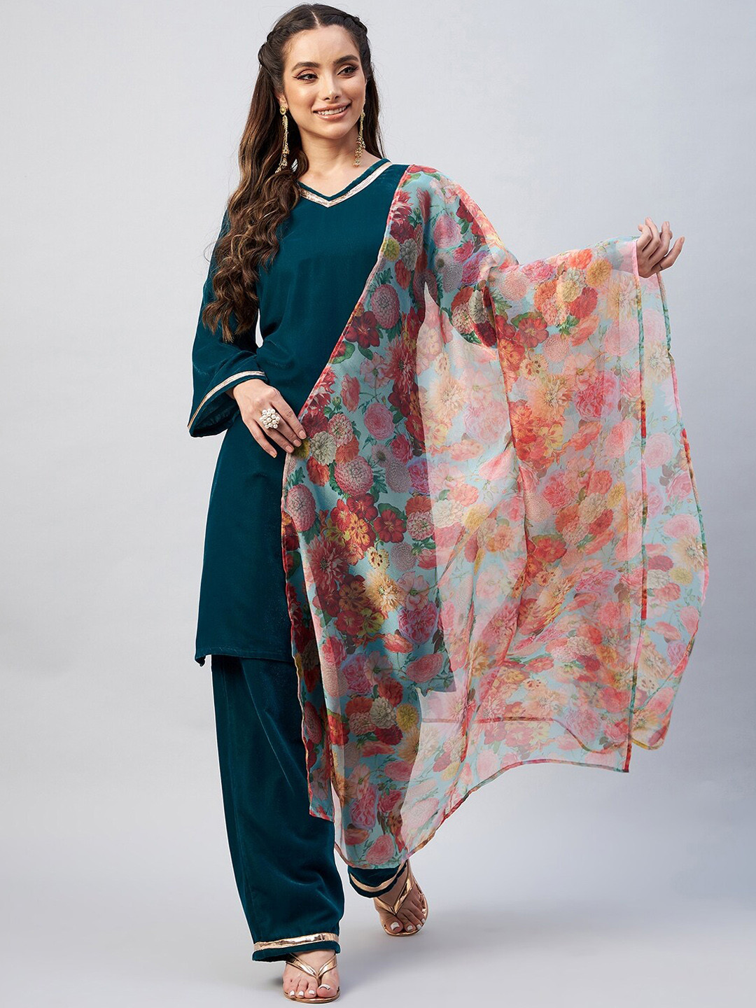 

InWeave Women Teal Blue Solid Velvet Kurta with Trousers & Printed Dupatta