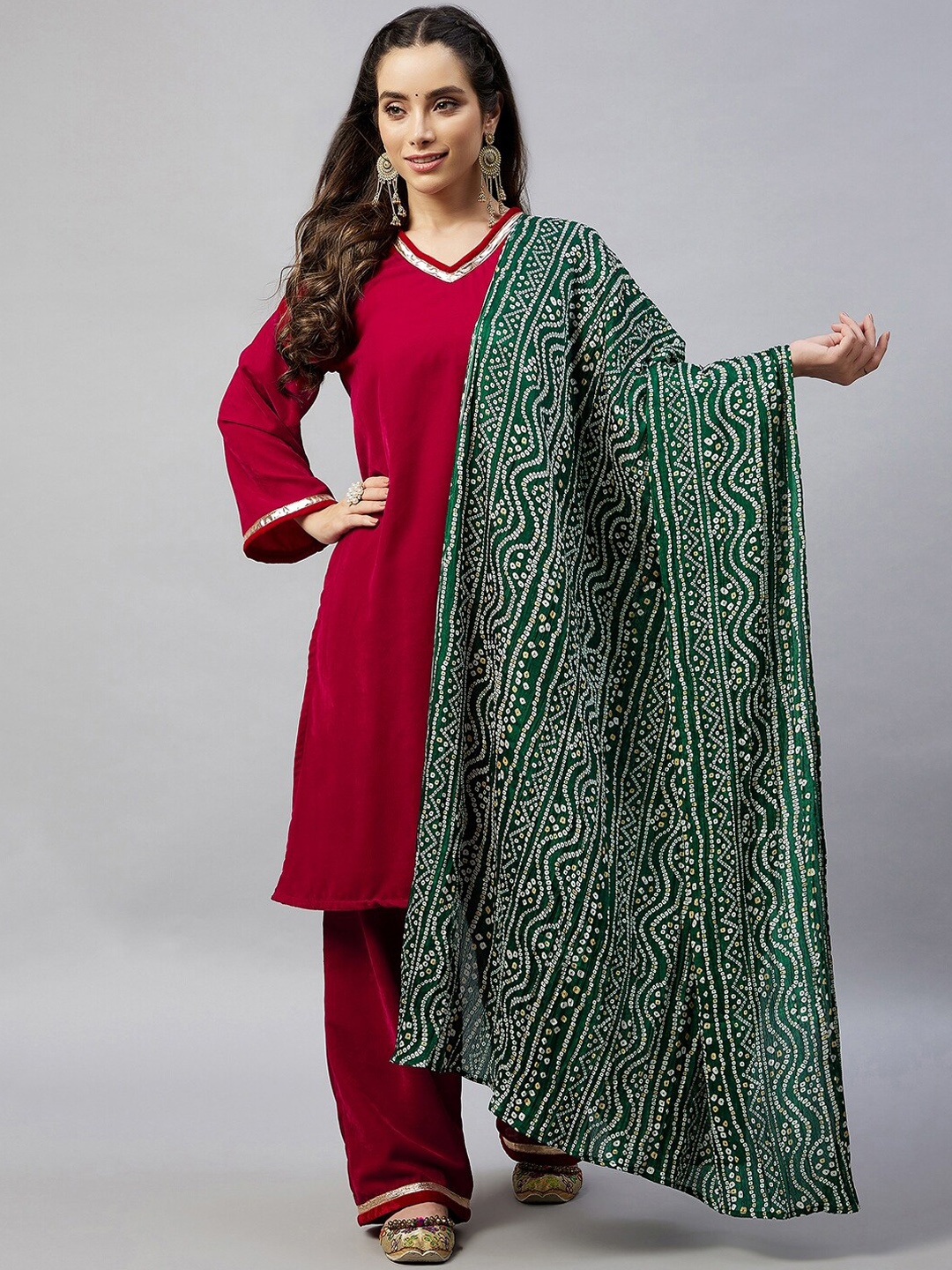 

InWeave Women Maroon Velvet Kurta with Trousers & With Dupatta