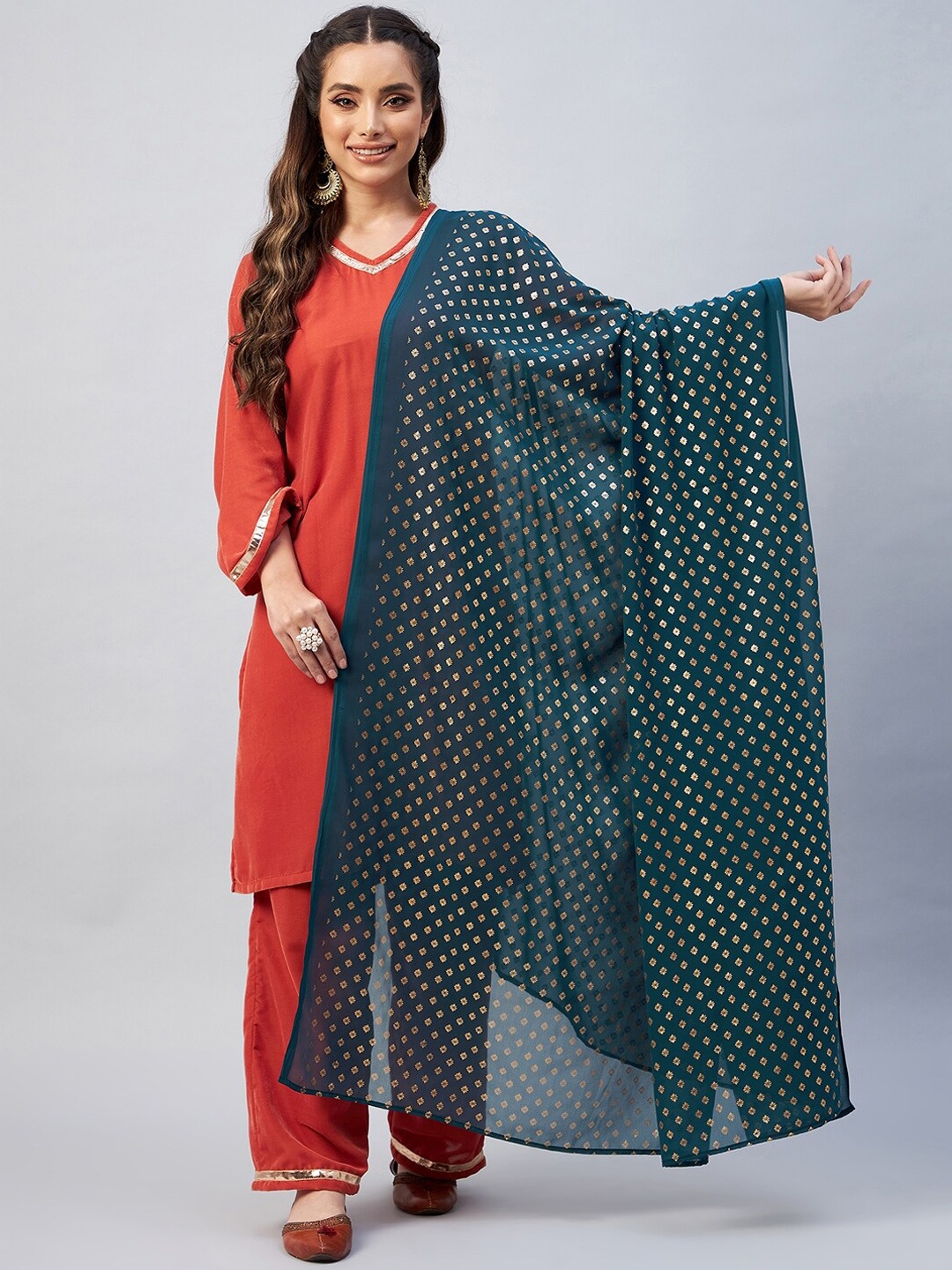 

InWeave Women Rust Gotta Patti Velvet Kurta with Trousers & With Dupatta