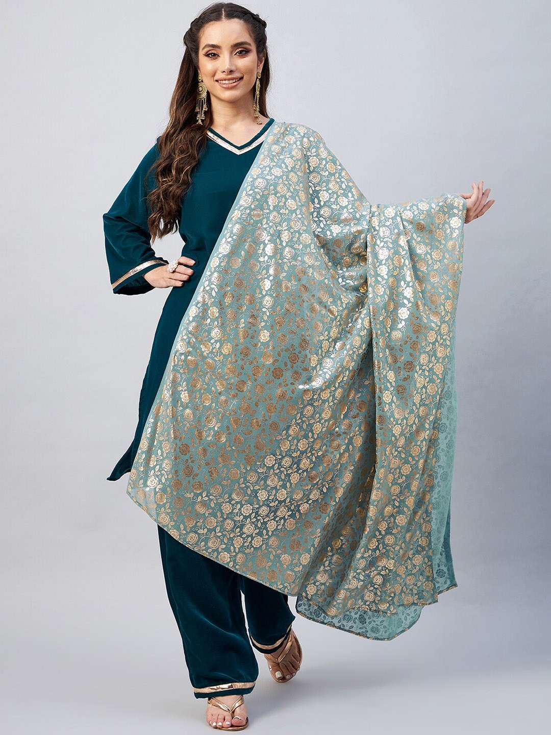 

InWeave Women Teal Velvet Kurta with Trousers & With Dupatta