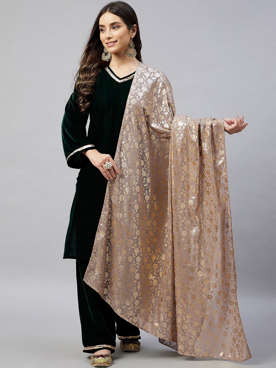 

InWeave Women Green & Beige Velvet Straight Kurta with Palazzos & With Printed Dupatta