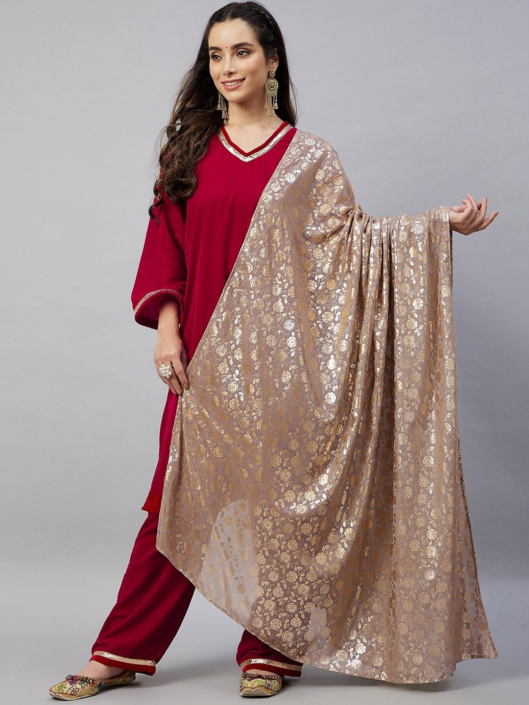 

InWeave Women Maroon Velvet Kurta with Trousers & With Dupatta