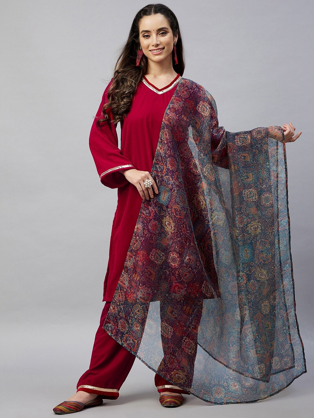 

InWeave Women Maroon Velvet Kurta with Trousers & Dupatta