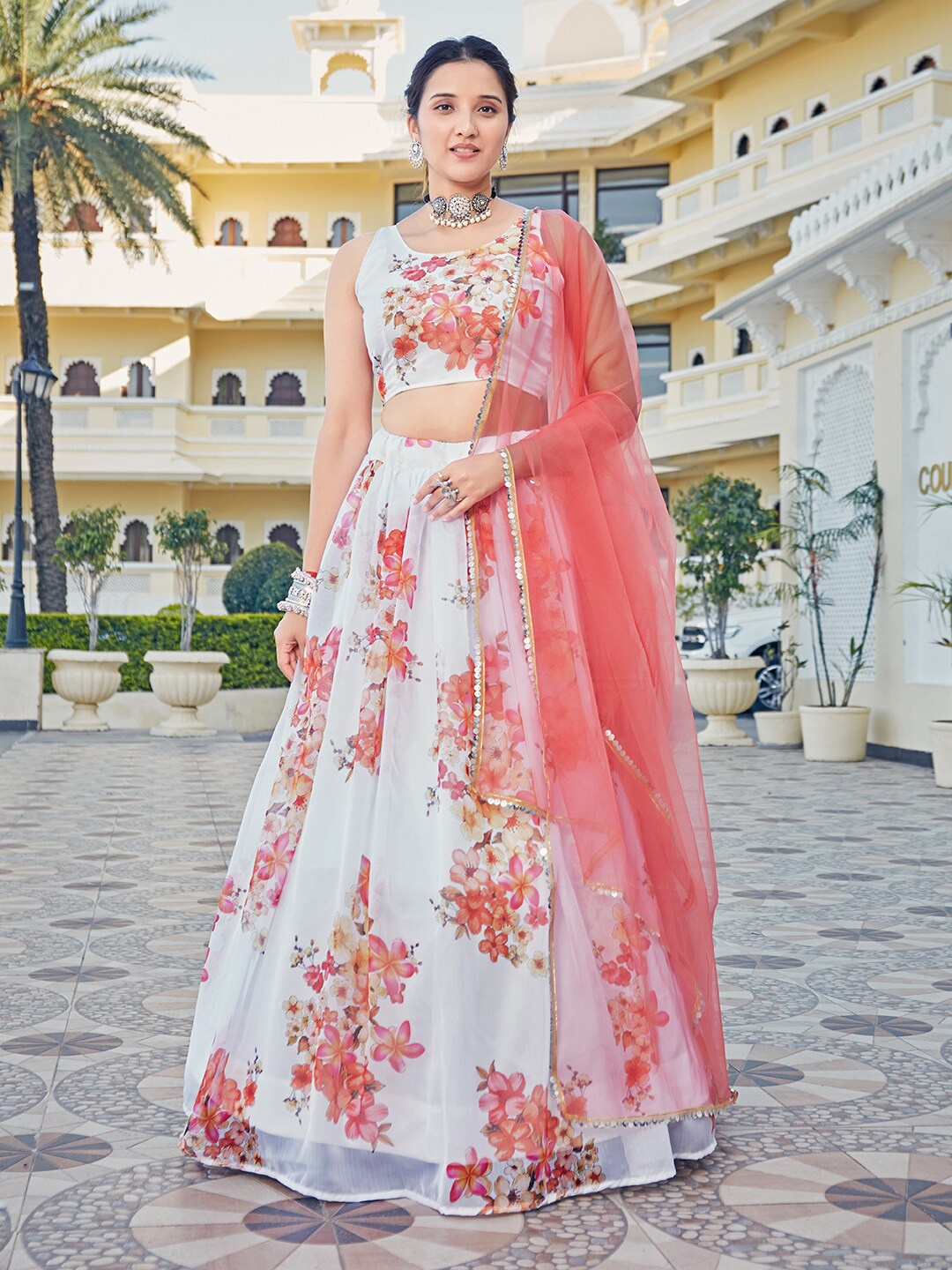 

SHOPGARB White & Pink Printed Sequinned Semi-Stitched Lehenga & Unstitched Blouse With Dupatta