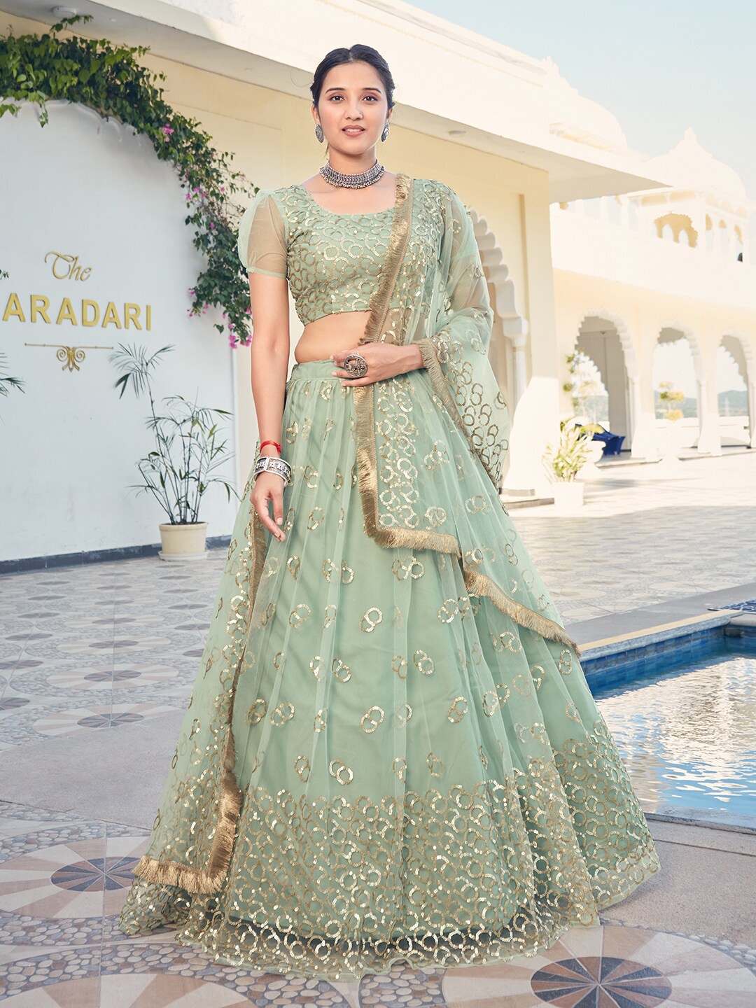 

SHOPGARB Sea Green & Gold-Toned Embellished Sequinned Semi-Stitched Lehenga & Unstitched Blouse With Dupatta