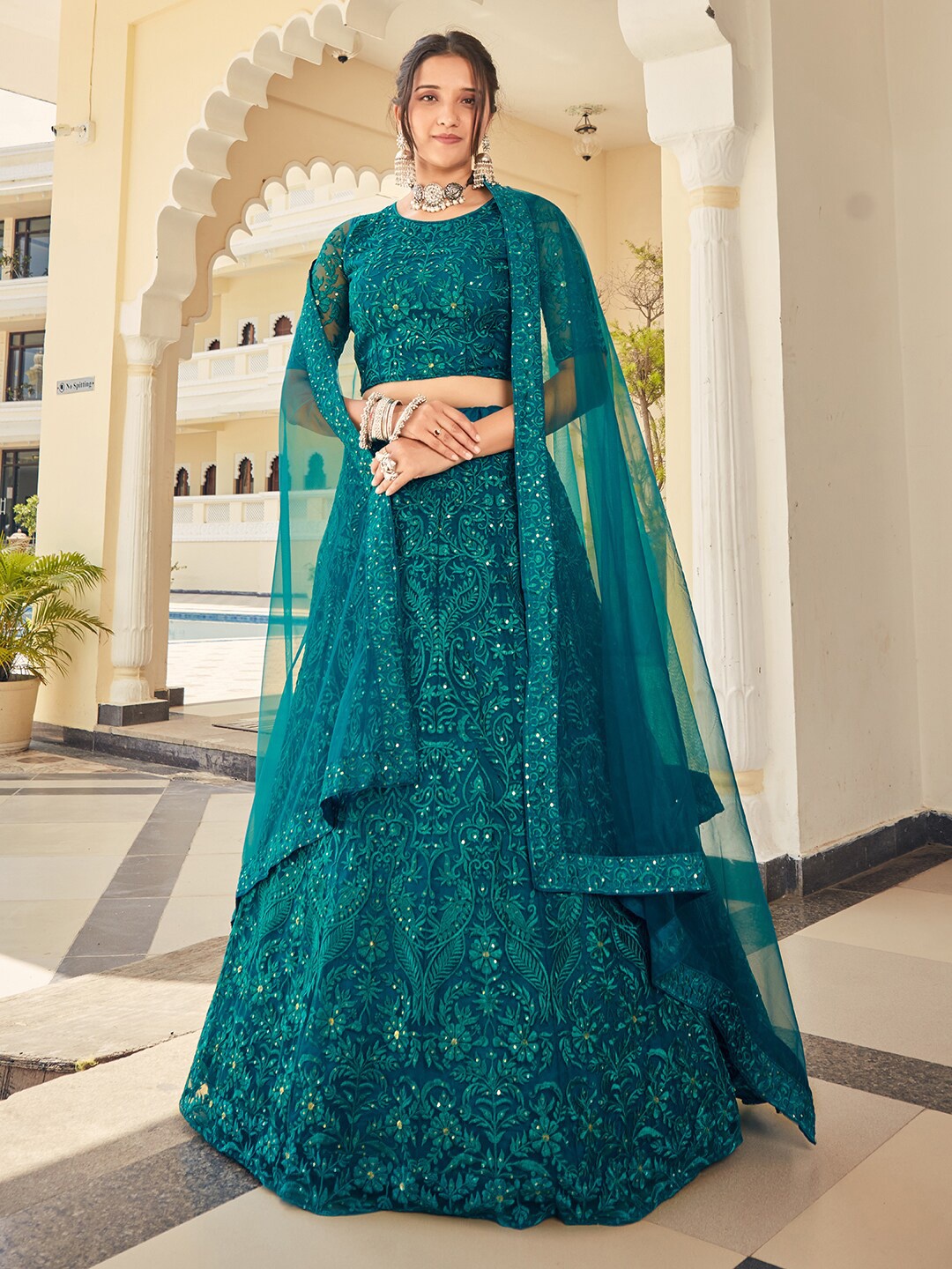 

SHOPGARB Blue Embellished Sequinned Semi-Stitched Lehenga & Unstitched Blouse With Dupatta