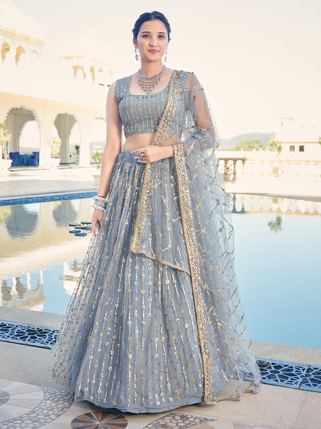 

SHOPGARB Grey & Gold-Toned Embellished Sequinned Semi-Stitched Lehenga & Unstitched Blouse With Dupatta