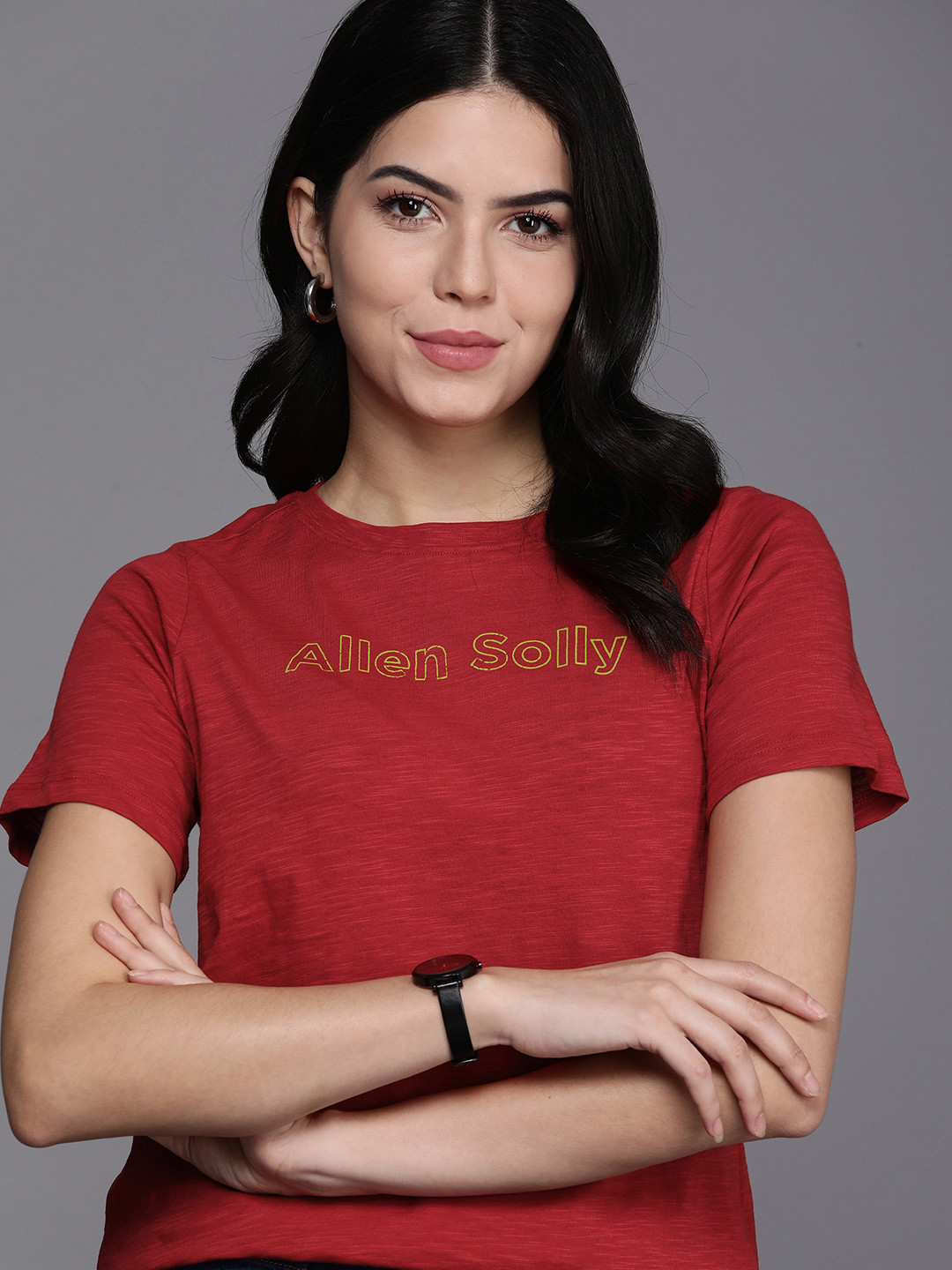 

Allen Solly Woman Brand Logo Printed Pure Cotton T-shirt, Red