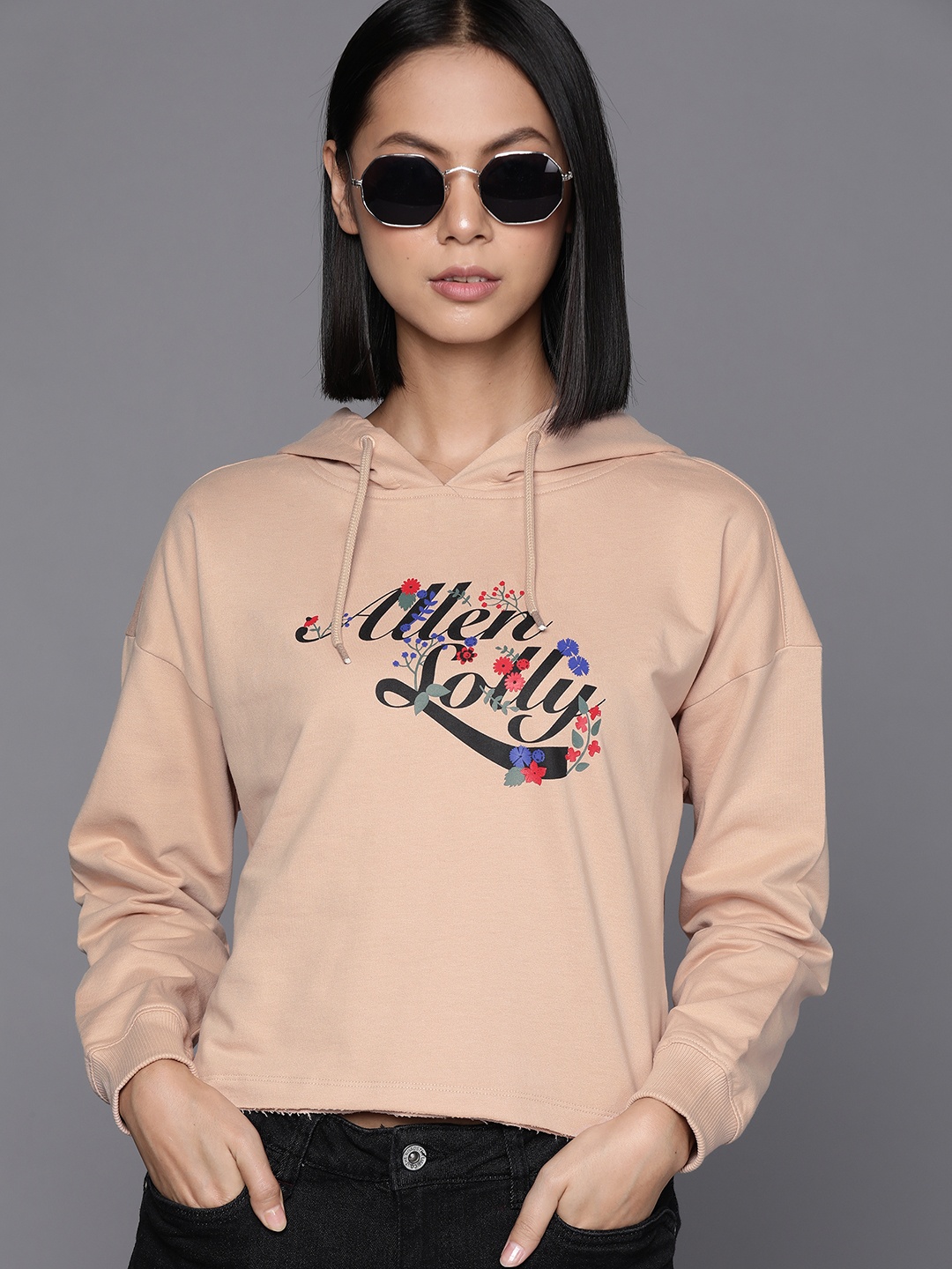 

Allen Solly Woman Beige Printed Hooded Pure Cotton Sweatshirt