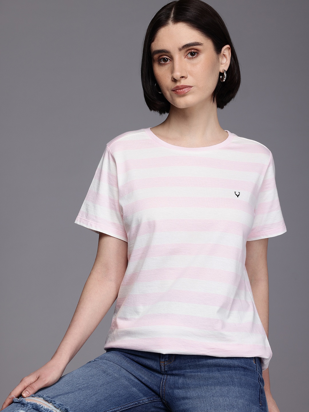 

Allen Solly Woman Striped Pure Cotton T-shirt, Pink