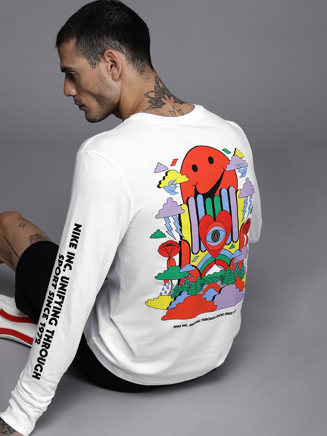 

Nike Men White Back Graphic Printed LBR Pure Cotton T-shirt