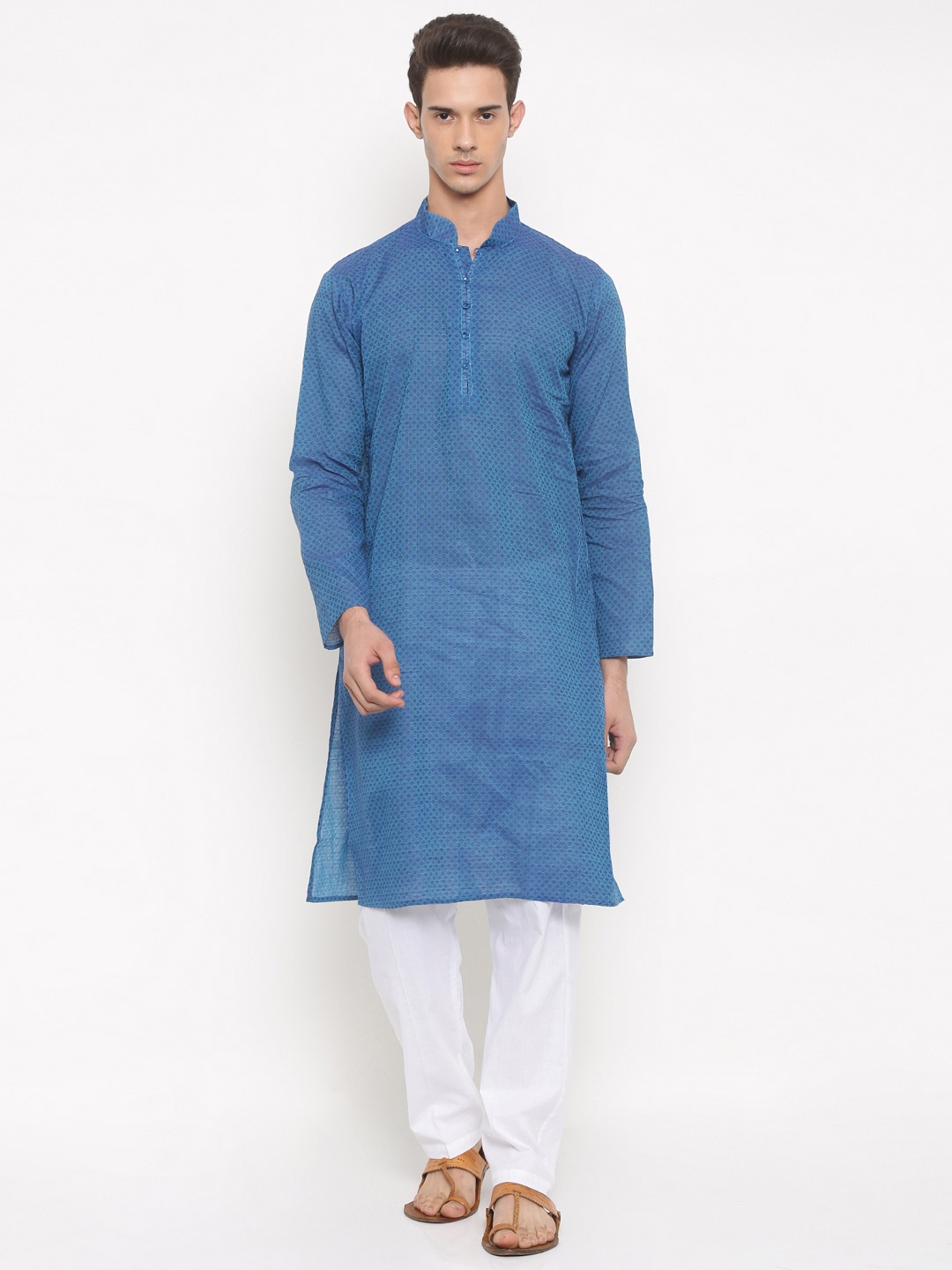 

RG DESIGNERS Men Blue & White Self-Design Kurta with Pyjamas