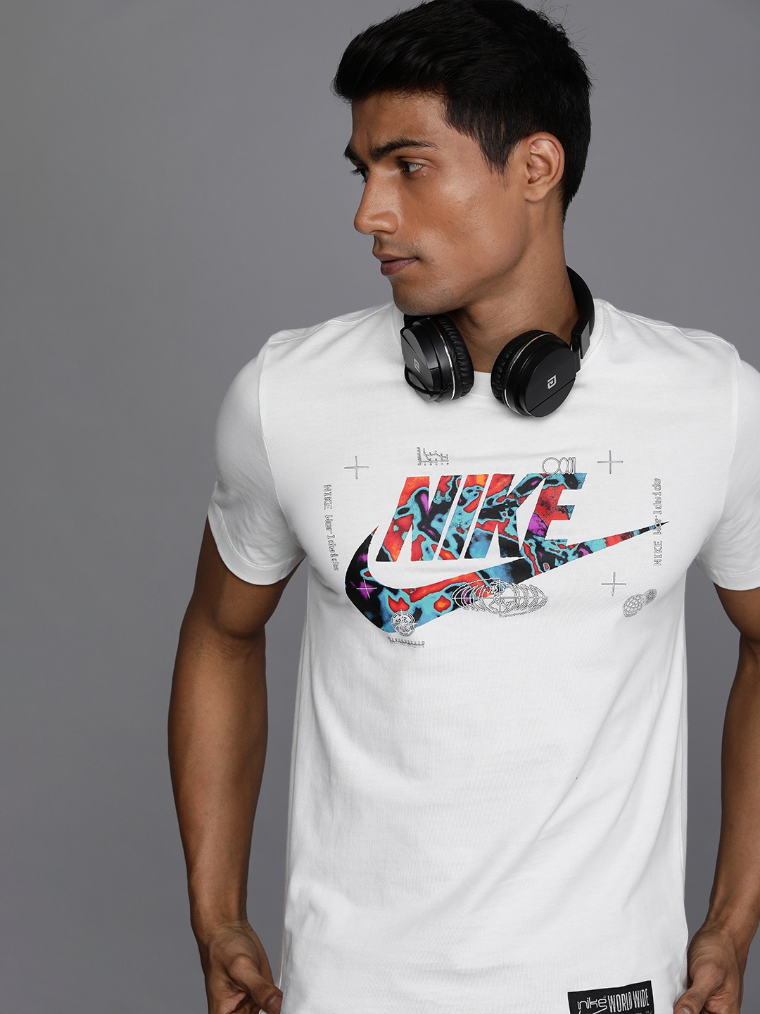 

Nike Men White Brand Logo Graphic Printed Pure Cotton T-shirt