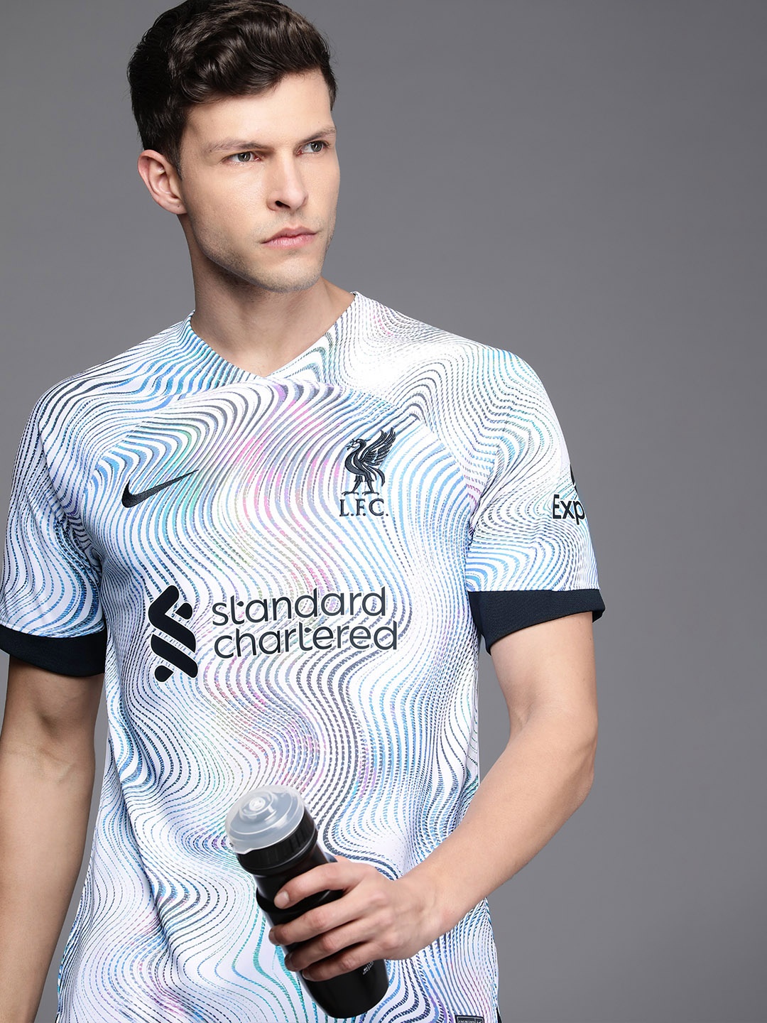 

Nike Men White & Blue Brand Logo Liverpool Printed V-Neck T-shirt