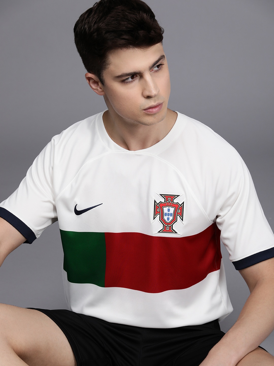 

Nike Men White & Red Brand Logo Embroidered FPF Portugal Crest Dri Fit T-shirt