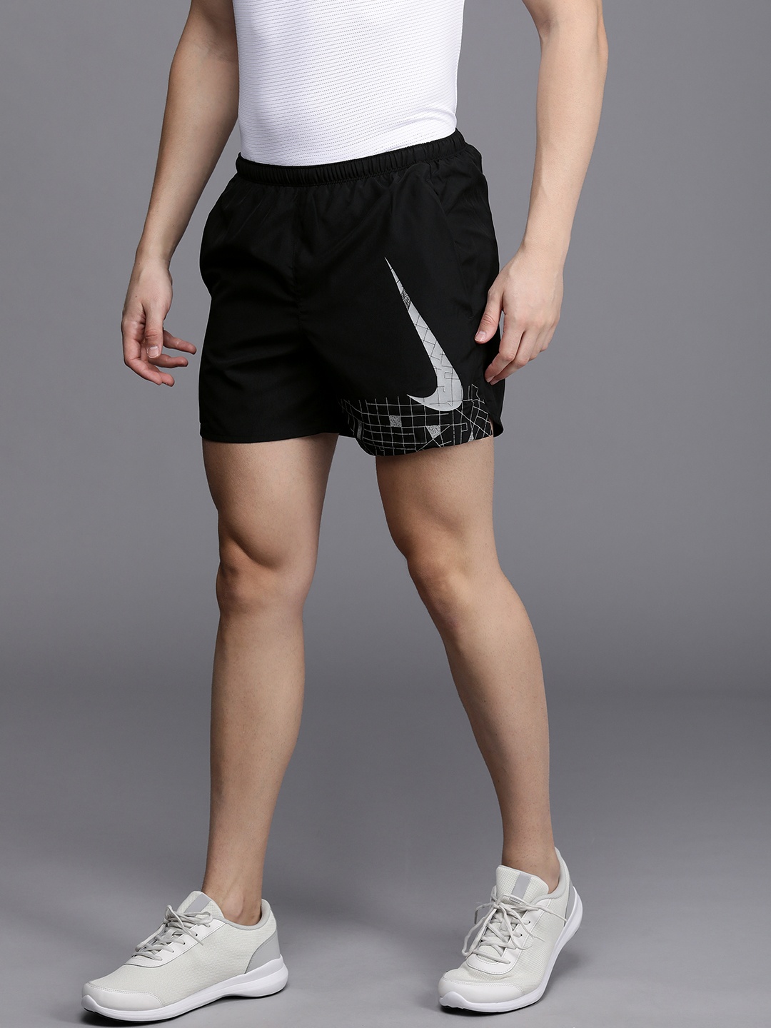 

Nike Men Black Logo Printed Dri-FIT CHLGR Running Shorts