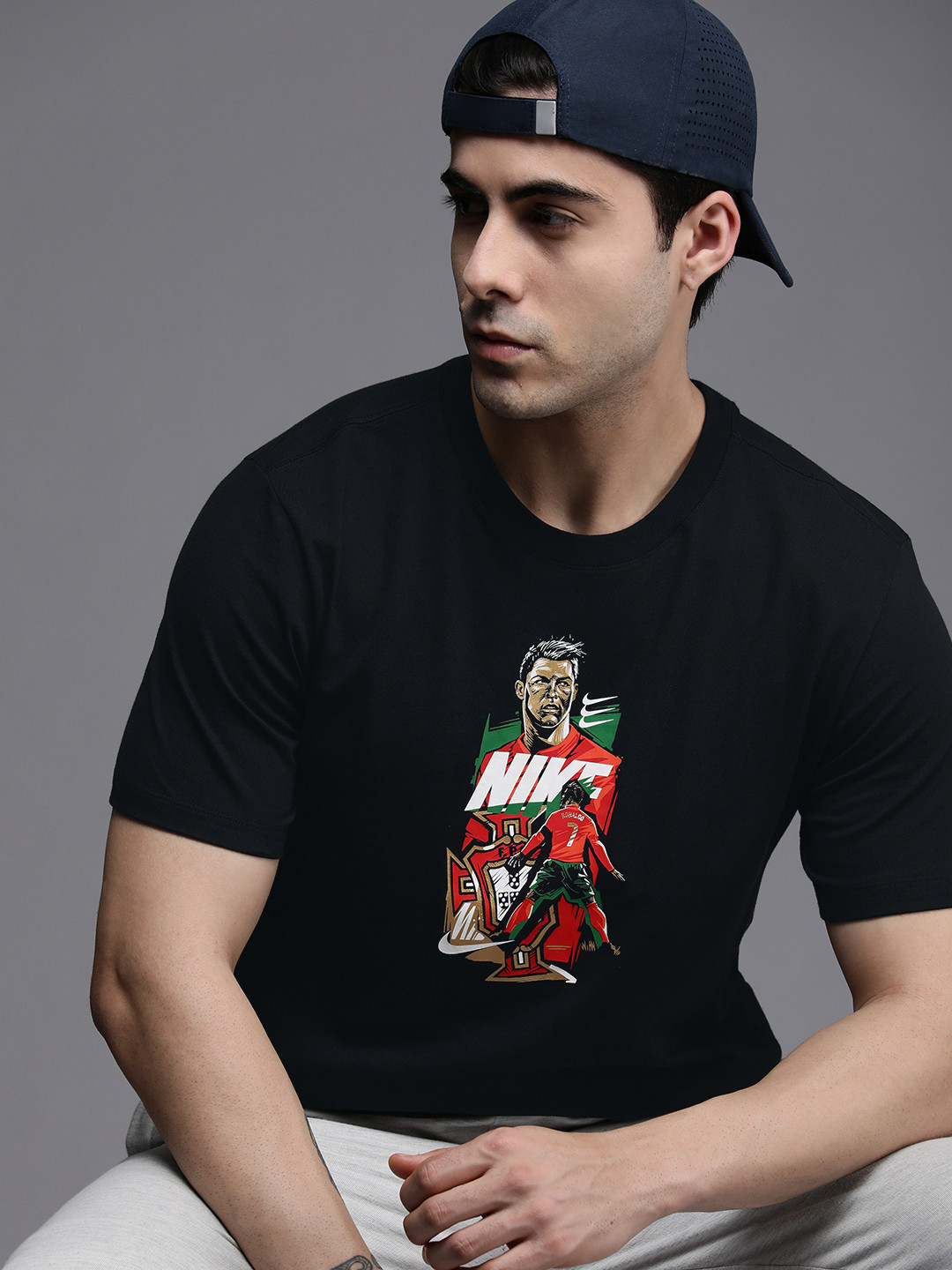

Nike Men Cristiano Ronaldo Printed Pure Cotton Applique Football T-shirt, Black