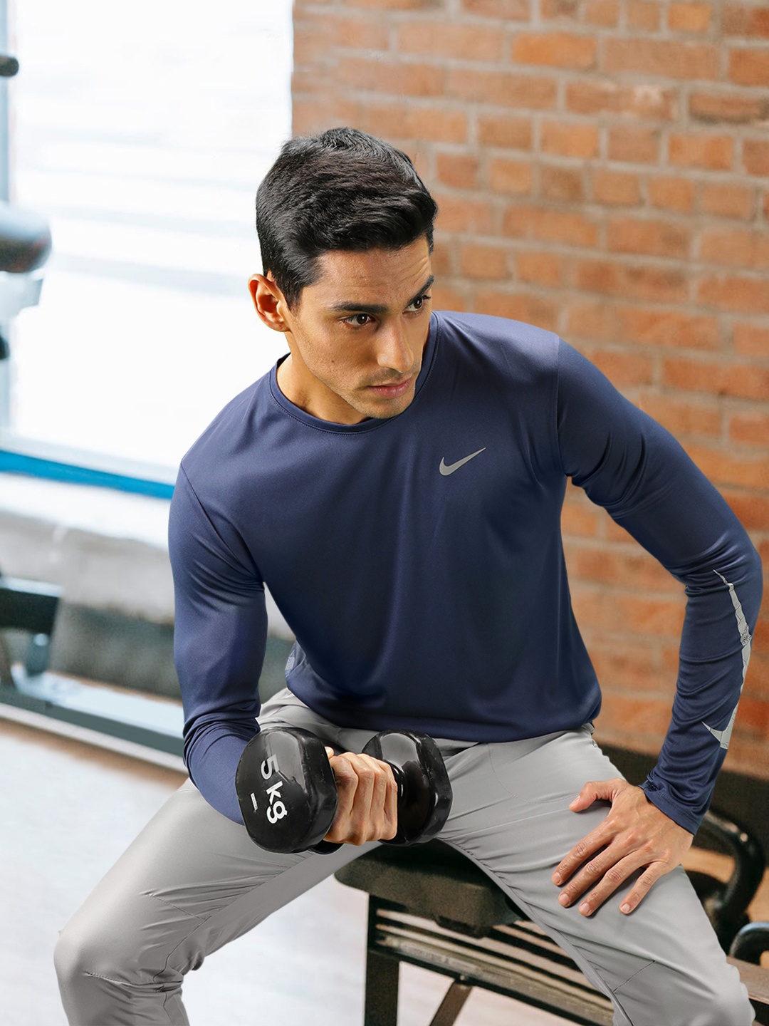 

Nike Men Navy Blue Brand Logo Dri-FIT Running Solid T-shirt