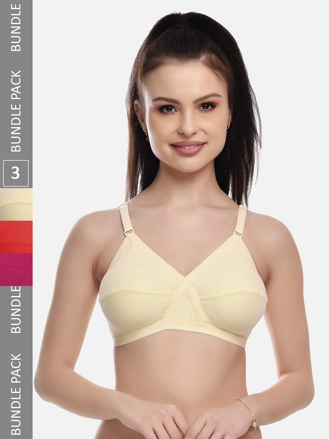 

FIMS Beige & Red Pack of 3 Cotton Blend Non-Padded Bras MTR_Cross_Bra_BeigePinkRed_B