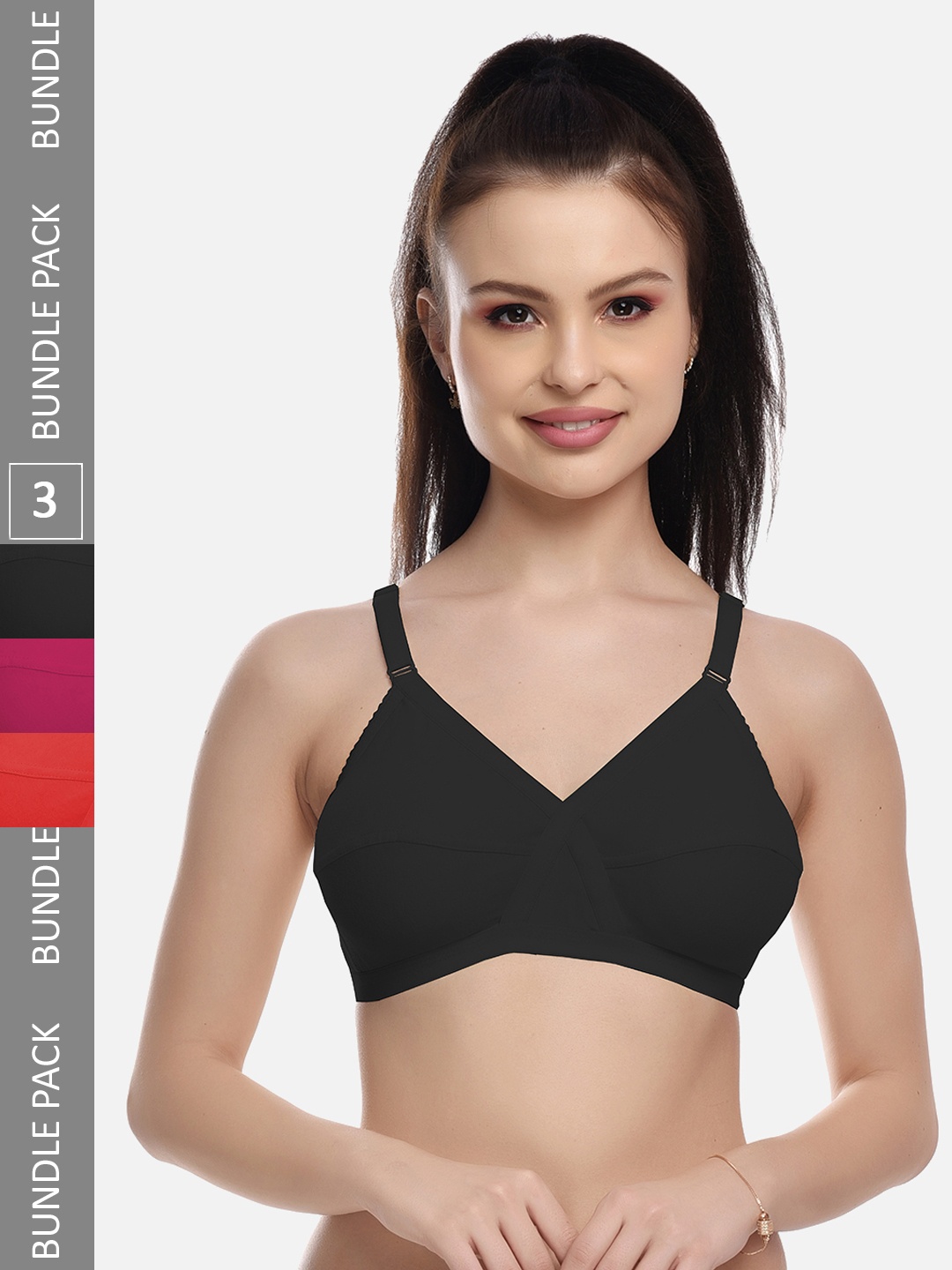 

FIMS Black & Pink Pack of 3 Cotton Blend Non-Padded Bras MTR_Cross_Bra_BlackPinkRed_B