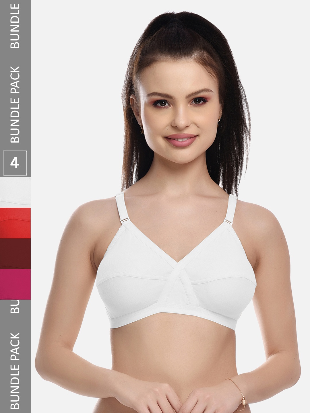 

FIMS White & Maroon Pack of 4 Cotton Blend Non-Padded Bras MTR_Cross_Bra_