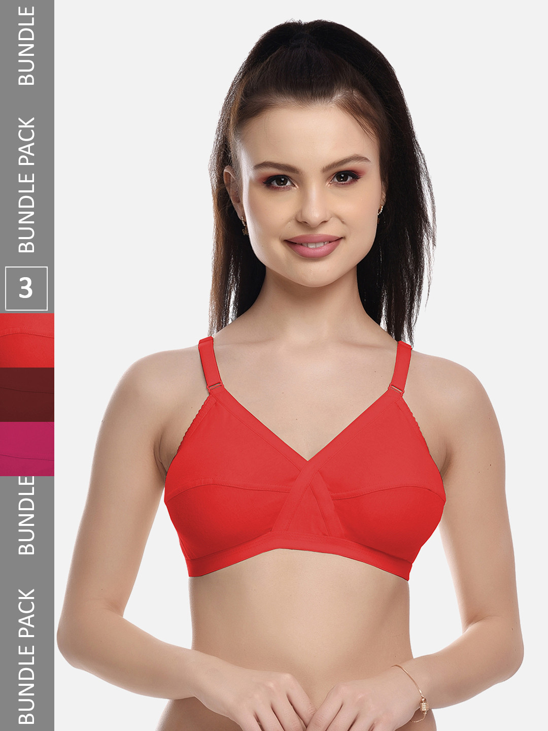 

FIMS Pink & Maroon Pack of 3 Cotton Blend Non-Padded Bras MTR_Cross_Bra_PinkRedMaroon_B