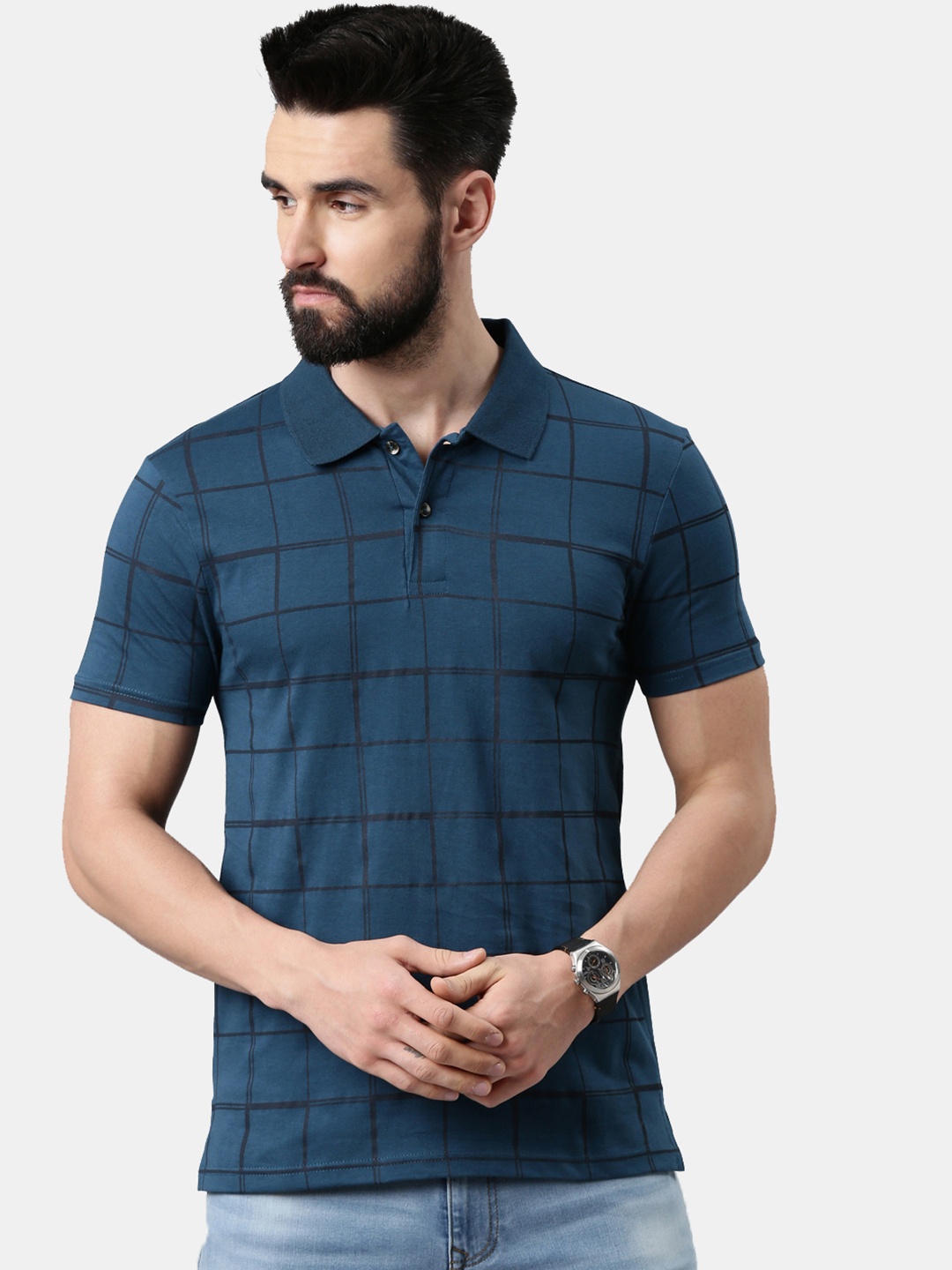 

Kryptic Men Blue Checked Pure Cotton Polo Collar T-shirt