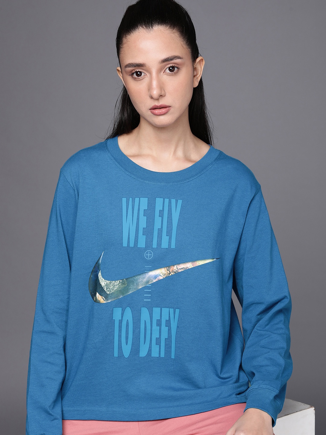 

Nike Women Brand Logo Printed Training Pure Cotton Top, Blue